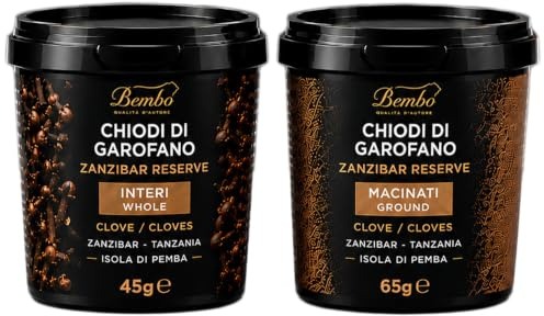 Bembo Chiodi di Garofano Interi + Macinati (45 g + 65 g)– 2 Vasetti Premium – Spezia Aromatica per Vin Brulé, Tisane, Dolci e Cucina – Doppio Formato Convenienza