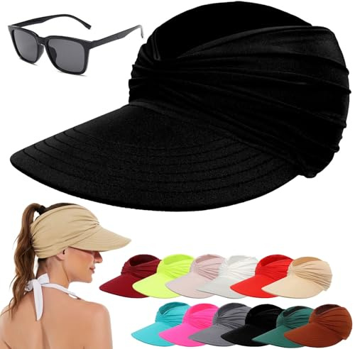 HOPASRISEE Women's UPF 50+ Uv Protection Sun Visor Hat, Ponytail Visor Hat for Women, Foldable Ponytail Sports Cap for Beach