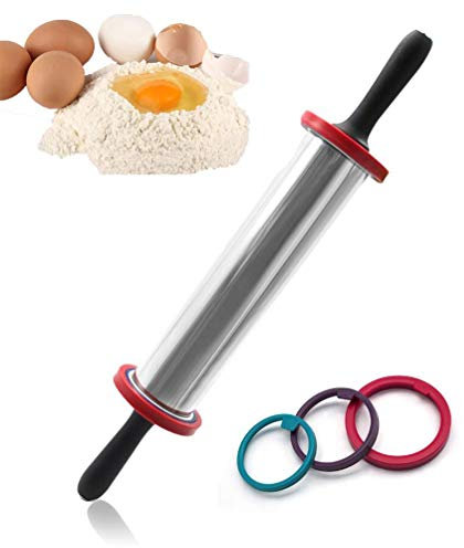 FHEDE Teigrolle Edelstahl, Antihaft-Beschichtung Rolling Pin Teigroller, Dicke Verstellbares Nudelholz Einstellbar mit Distanz Scheiben in 3 Größen, 1mm Edelstahl, 8.5 cm Durchmesser, 48.5 cm Länge