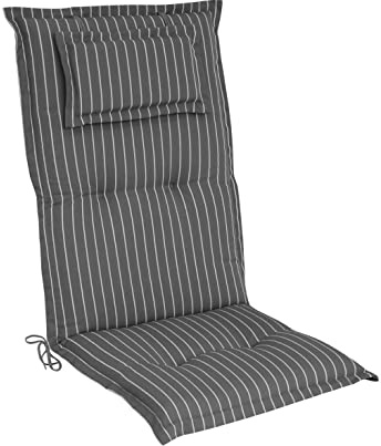 elGiga Hochlehner-Auflage 1-Stück Classic Grau Weiß gestreift 120 x 50 x 8 cm für Gartenstuhl, mit Kopfpolster, hochwertig, waschbar und pflegeleicht