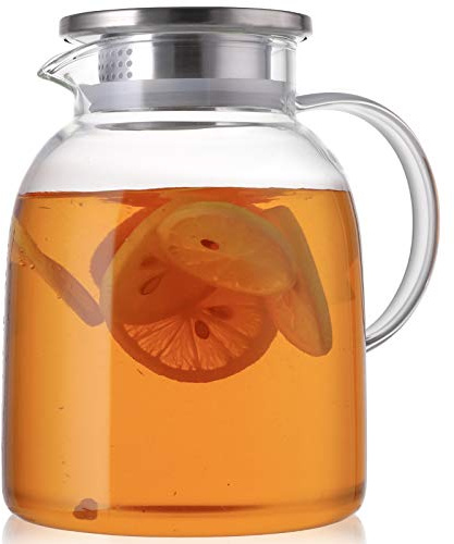 Hedume 2 Liter/2000ML Glass Pitcher with lid, Large Heat Resistant Glass Beverage Pitcher, Glass Water Pitcher with Lid and Handle, Carafe for Iced Tea, Wine, Coffee, Milk and Juice Beverage