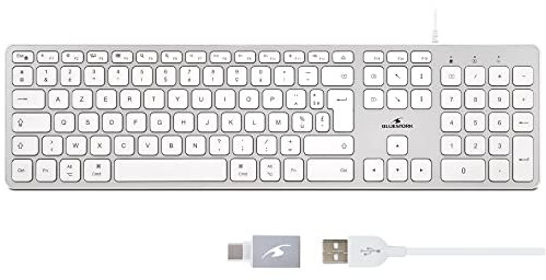Bluestork Clavier Français AZERTY Filaire pour Mac - Touches Concaves et Silencieuses, 13 Raccourcis Multimédia, Adaptateur USB/USB-C