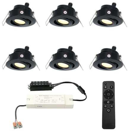 HOFTRONIC - Einbaustrahler Schwarz Feuchtraum Badezimmer 12V Terrassenüberdachung IP44 Wasserdicht | 6x3W 200 Lumen 2700K Warmweiß Dimmbar Schwenkbar Flach RF-Fernbedienung 3W Mini LED Einbaustrahler