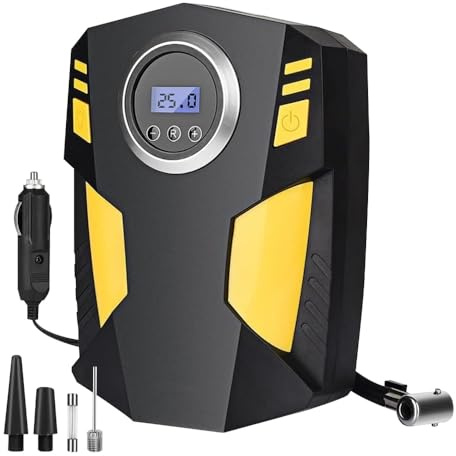 Alivio Digital Tyre Inflator 12V DC, Portable Car Tyre Compressor with 3 Nozzle, 150 PSI Digital Air Pump for Bikes, Football, Accessories, Auto Shutoff Electric Tyre Inflation with LED Light