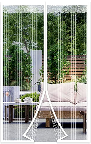 DIKER Magnetic Fly Screen Door, Fly Nets for Doors 150 X 200cm, Door Fly Screen, Screen Mesh Insect Protection Door No Gap, Easy to Install Without Drilling, Keep Bugs Out Lets Fresh Air in, White