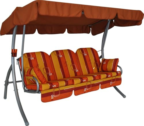 ANGERER Hollywoodschaukel Ibiza orange-gelb-rot Gemustert | Gartenschaukel Made in Germany, Schaukel zum Sitzen, Liegen und Entspannen, inklusive Bett-Funktion, einfache Montage