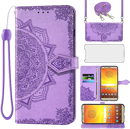 Asuwish Funda Mandala para Motorola Moto E5/G6 Play con Cuerda y Cristal Protector de Pantalla Tarjetero Plegable Cadena Cuero Monedero Capa para MotoE5 G6Play Carcasa Phone Case Púrpura