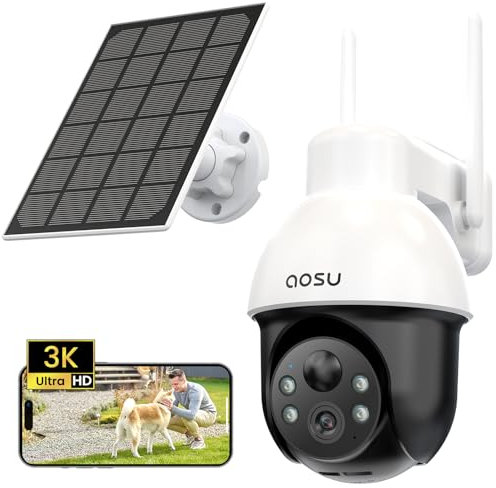 AOSU 3K Caméra Surveillance WiFi Exterieure sans Fil, 5MP Camera Exterieur Solaire, 360° PTZ Suivi Automatique, Détection IA Personne/Véhicule, Vision Nocturne Couleurs Alarme Lumineuse & Sonore