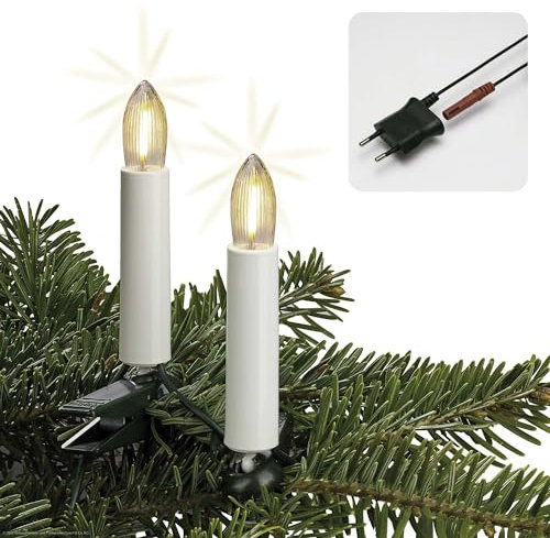 hellum Christbaumbeleuchtung LED-Filament, Made in Germany, Lichterkette mit Clip, 20 Lichter, beleuchtete Länge 13,30 m, Kabel grün, warmweiß, Schaft weiß, für Innen, teilbarer Stecker <59lm 815016