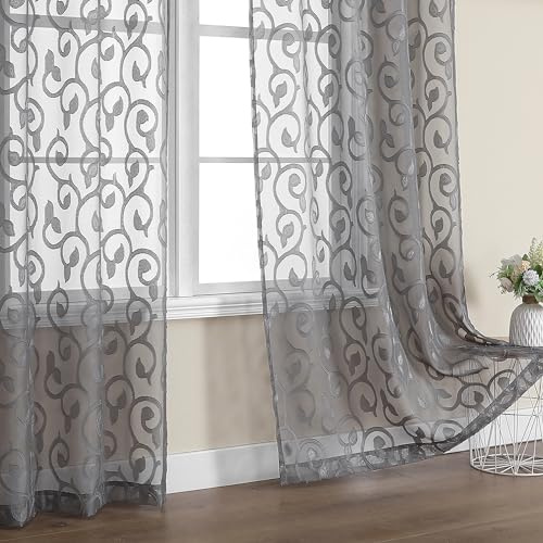 OWENIE Furman Sheer Curtains 84 inches Long for Bedroom Living Room 2 Panels Set, Light Filtering Window Curtains, Semi Transparent Voile Top Dual Rod Pocket, Grey, 40Wx84L inch, Total 84 Inches Width