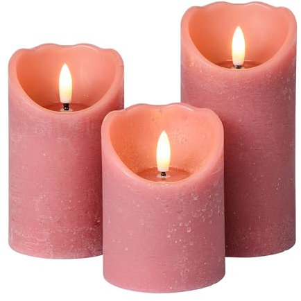 Meisterhome® 3er-Set Flammenlose LED Kerzen - Altrosa - Rustik Design Stumpenkerze - mit Fernbedienung – mit Timer - Batteriebetrieben – Warmweiß - 10/12,5/15 cm hoch - mit flackernder Flamme