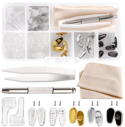 YIXISI 25 Paar Brillen Nasenpads Set, Silikon Schraubbrillen Nasenpads, Nasenpads Brillen Reparatur Set, mit Schrauben Schraubendreher Pinzette Reinigungstuch, für Gläser Sonnenbrille, Nr. 9