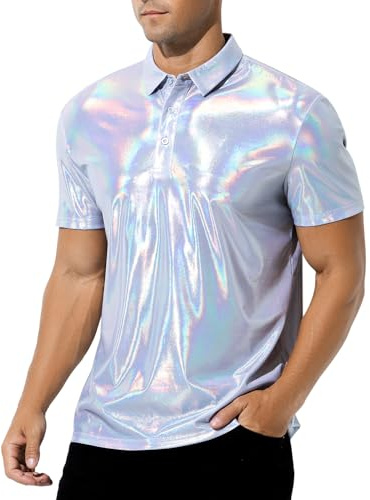 Casey Kevin Men's Short Sleeve Collared Shiny Metallic Shirts Nightclub Button Down Shirt Reflective Rave Outfit Holographic Disco Top,White,Large