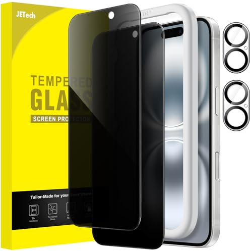 JETech Sichtschutz Schutzfolie für iPhone 16, 2+2 Stück | Anti-Spy Blickschutz Gehärtetes Glas Schutzfolie, mit Kameraschutz, Einfache Installationshilfe