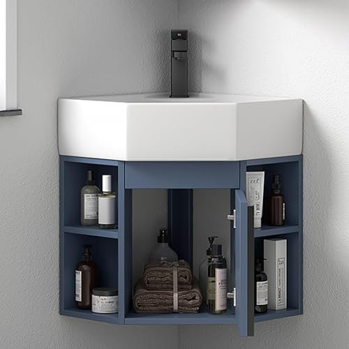ZDMZR Lavandino del Bagno con Contenitore, Mobile Bagno con Lavabo, Lavabo Sospeso in Porcellana Ceramica, Lavabo Angolare da Parete(Blue,45cm/18in)