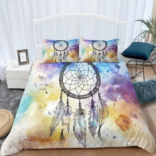 Bettwäsche Set 3D Gelb Bedruckte Bettbezug Cartoon-Traumfänger Bedruckte Bettwäsche Set Einfache Pflege Polyester mit Reißverschluss 1 Bettbezug und 2 Kissenbezug, 200 x 200 cm