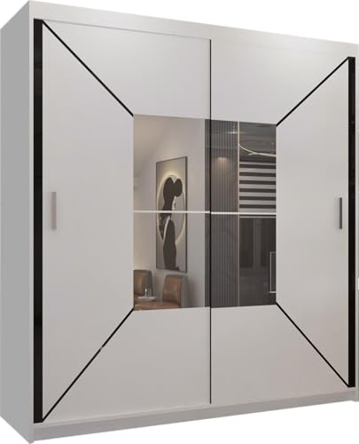 FURNITUREWAVE Nicci Sliding Door Wardrobe with Mirror, Space-Saving Bedroom Storage Cabinet with Shelves & Hanging Rails (White, 203cm)