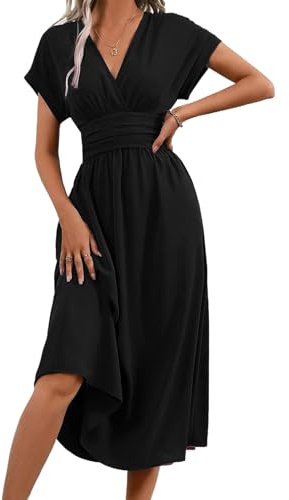 LIAMERHE Robe D'été Femme Élégante Col en V Manches Courtes Robes Casual Robes Solide Taille Haute Ligne A Robe Longue Décontractée Noir XL