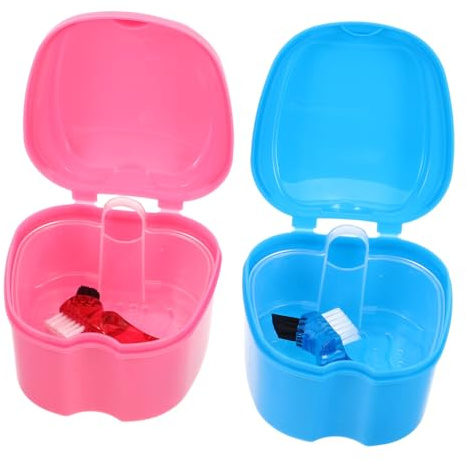 Beavorty 2ensembles Boîte De Rangement Étui Prothèse Dentaire Étanche Avec Brosse Gobelet Bain Pour Fausses Dents Set Portable Pour Nettoyage Et Protection Dentiers Design Pomme Élégant