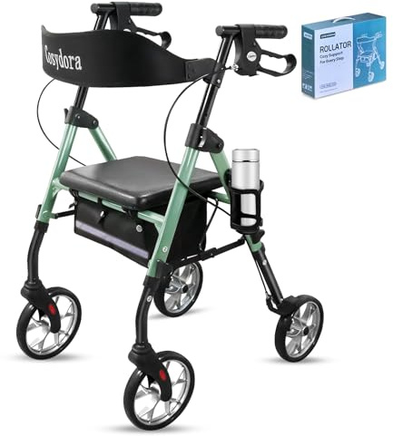 Cosydora Rollator Walkers for Seniors with Seat, 13.6 Lbs Ultra Lightweight Foldable Rolling Walker, 350Lbs Heavy Duty Aluminum, 8 All Terrain Wheels, Dual Adjustable Height, Sage Green