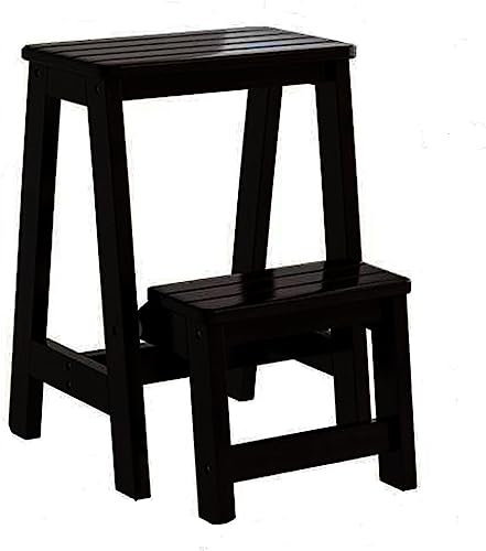Tabouret en bois, chaise échelle pliante à 2 marches, escabeau portable, chaise de comptoir, banc à chaussures/étagère à fleurs polyvalent, antidérapant, pour cuisine, salle de bain, bureau, noir