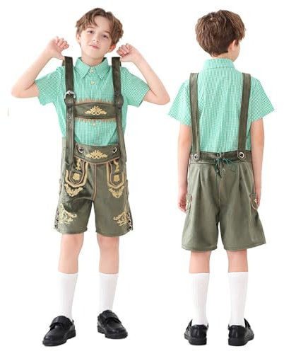 Bottes médiévales au genou brodées Vêtements de travail Chemise à carreaux Fête Ensemble de bière Costume de cosplay (vert, 6-7 ans)