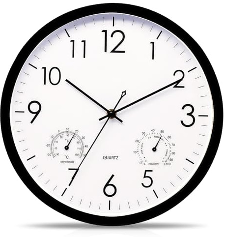 GOEDCH Orologio da parete per esterni, 30 cm, con termometro e igrometro: orologio da parete silenzioso, senza ticchettio, design retrò, rotondo, per giardino, cucina, bagno, ufficio, batteria