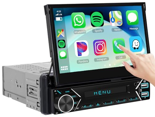 Hodozzy Radio Coche 1 DIN con Carplay Inalámbrico Android Auto con Pantalla Automática Retráctil de 7 Pulgadas, Autorradio Bluetooth con USB/USB-C/FM/AUX/TF