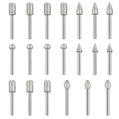 20PCS Diamond Grinding Bit Set, Diamond Burr Bits with 1/8 Inch Rotary Tool Accessories, Carving Burr Bits Shank Rotary Grinding Drill Tools for Woodworking Stone Glass Ceramics Marble