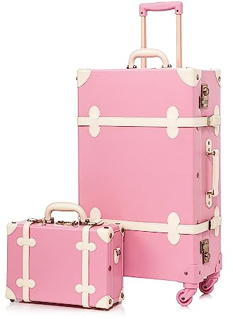 Unitravel Vintage Reisekoffer Set, 2 Teilig PU-Leder Gepäck mit Schminkkoffer, Hell Rosa, S+L