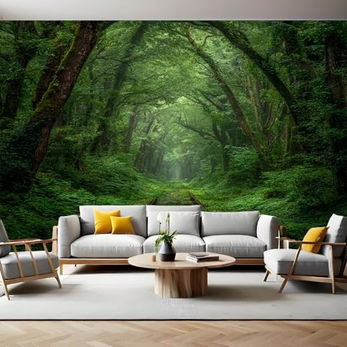 Alberi Verdi Carta da parati Foreste e binari ferroviari Fotomurali Murale 300x210 cm TNT Decorazione da Muro Poster Gigante Carta per Pareti Soggiorno Camera da Letto Sala TV Divano