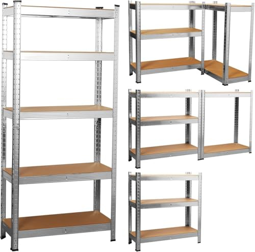 COZYBRITE Schwerlastregal Premium, Befestigungsmaterial 875kg Traglast, 5 verstellbare stabiles Regal MDF-Platten für Lagerregal Kellerregal Garage Kellerraum Werkstattregal (Silbern, 90x40x180cm)