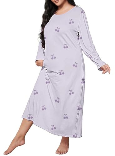 Generisch – Pijama de mujer de estilo baggy, acogedor, con cuello redondo, mangas largas, suave, cómodo, para casa, con estampado, ropa de dormir, ropa de casa, vestido informal con estampado, morado