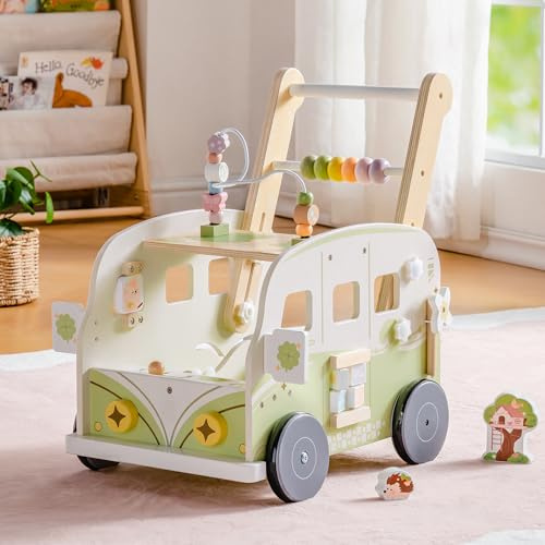 ROBOTIME Baby-gåvagn i trä, multifunktionell aktivitetsgåstol med höjdjustering och hastighetskontroll, gåva för småbarn 10–36 m (gröna djungeldjur)