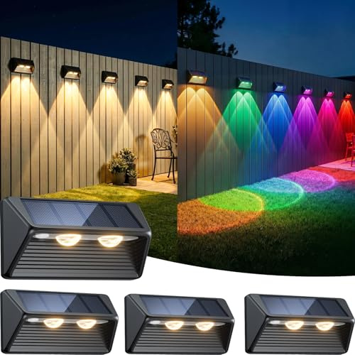 BUCASA Solar Fence Lights Outdoor Garden 4 Pack, 3000K & RGB Colour Wall Solar Lights Outdoor with 8 Lighting Modes, IP65 Waterproof Garden Fence Lights Solar Powered for Patio Porch Pool Decorations