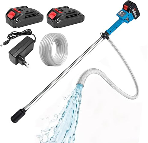 Akku Regenfasspumpe 21V, Regenfasspumpe Akku mit 2×1500mAh Akku und 8m Schlauch, Bürstenlos Motor,3-stufiger Durchfluss, max.Fördermenge 3000 L/h, Förderhöhe 8 m, für Garten Pool Wohnmobil Regentonne