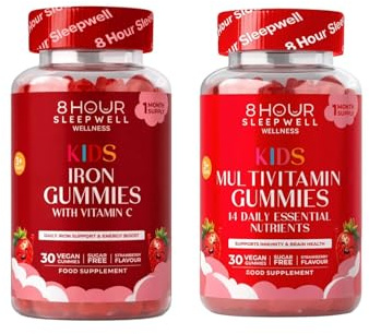 Kids Iron + Multivitamin Gummies Set – Sugar-Free, Vegan – Iron with Vitamin C Plus 14 Essential Vitamins & Minerals for Energy, Immunity, Growth & Cognitive Support – Strawberry – 1 Month Supply