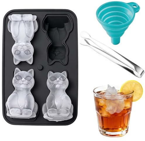 Eiswürfelform Katze - 4-Fach Silikonform Katze mit Eiswürfelzange und Trichter, Form für Cocktail Whisky, Obst, Wein, Kaffee