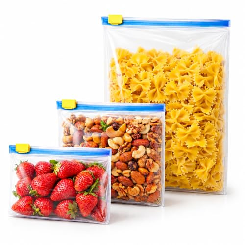 Topolenashop 24 Sacchetti Alimenti Ermetici Riutilizzabili – Set 3 Misure con Chiusura Zip e Area Scrivibile per Frutta, Verdura, Carne, Snack, Freezer, Frigorifero e Organizzazione Cucina | 69714
