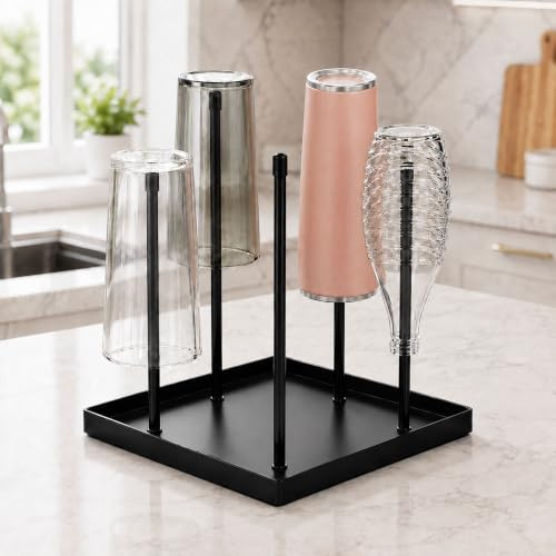 Metal Bottle Drying Rack with Stable Square Base for SodaStream & Sports Bottles – Rust-Resistant Black Coated Finish, Anti-Slip Silicone Pads for Kitchen Countertops, Holds 5 Bottles & Lids