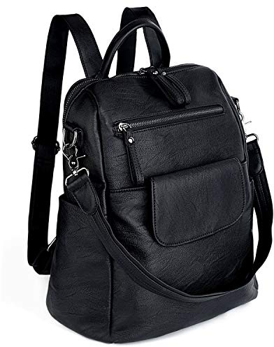 UTO Mujer Backpack Purse PU Lavar piel Ladies Mochila hombro Tasch Negro
