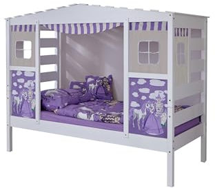 Hausbett Hochbett Spielbett Massivholz Kiefer Weiss teilbar, Bettkasten:ohne Bettkasten