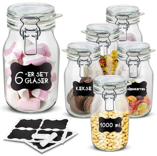 Creative Home 6 x Einmachgläser mit Bügelverschluss Gummiring | 1 Liter Gläser | 8 Wiederverwendbare Aufkleber + 1 Anti-Staub-Kreide | Vorratsgläser mit Deckel | Drahtbügelgläser Bügelgläser