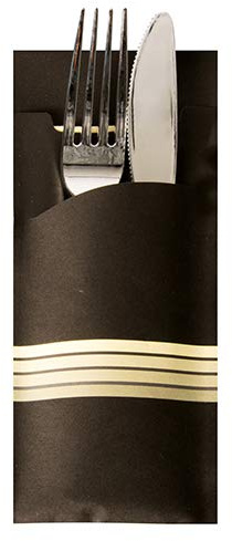 520 Bestecktaschen 20 cm x 8,5 cm schwarz/creme Stripes inkl. farbiger Serviette 33 x 33 cm 2-lag. 86701 Papstar Serviettentaschen Streifen
