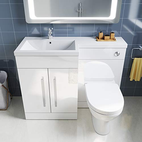 ELEGANT Left Hand High Gloss White Vanity Unit & Back to Wall Toilet Unit with Square Toilet & Basin (White, 1100mm D Shape Left Hand Vanity Unit)
