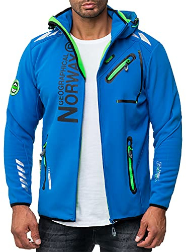 Geographical Norway Softshell jacka, funktionell jacka, vindjacka med huva, vindskydd, ståkrage, köldtålig, utomhus, vandring, camping, Blå – 02, M