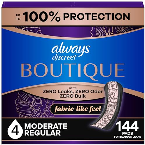 Always Discreet Boutique Incontinence Pads, for Bladder Leaks, Moderate Absorbency, Regular Length, 144 Count (3 Packs of 48)