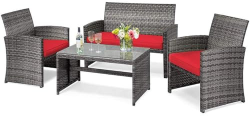DORTALA Juego de muebles de patio de 4 piezas, juego de conversación de mimbre para exteriores con cojines suaves y mesa de café de vidrio templado, juegos de sofá de ratán para patio, balcón, color