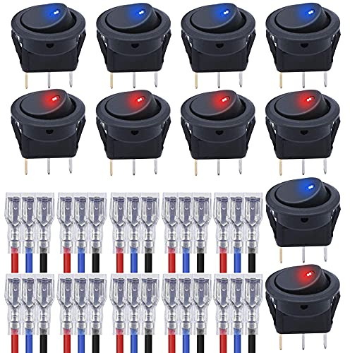 GTIWUNG 10 Stück 12V 20A / 24V 10A LED Rocker Kippschalter, Wippschalter, Runde Schalter Wippschalter Button mit 16AWG Draht für Car Boot Truck Trailer Auto KFZ beleuchtet, Rot & Blau
