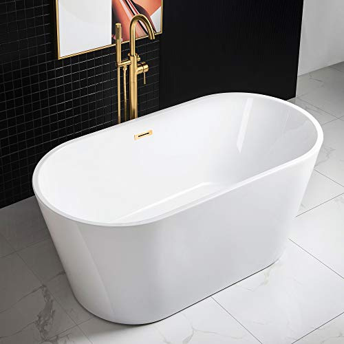 WOODBRIDGE 59 Acrylic Freestanding Bathtub Contemporary Soaking White Tub with Brushed Gold Overflow and Drain,B0014-BG